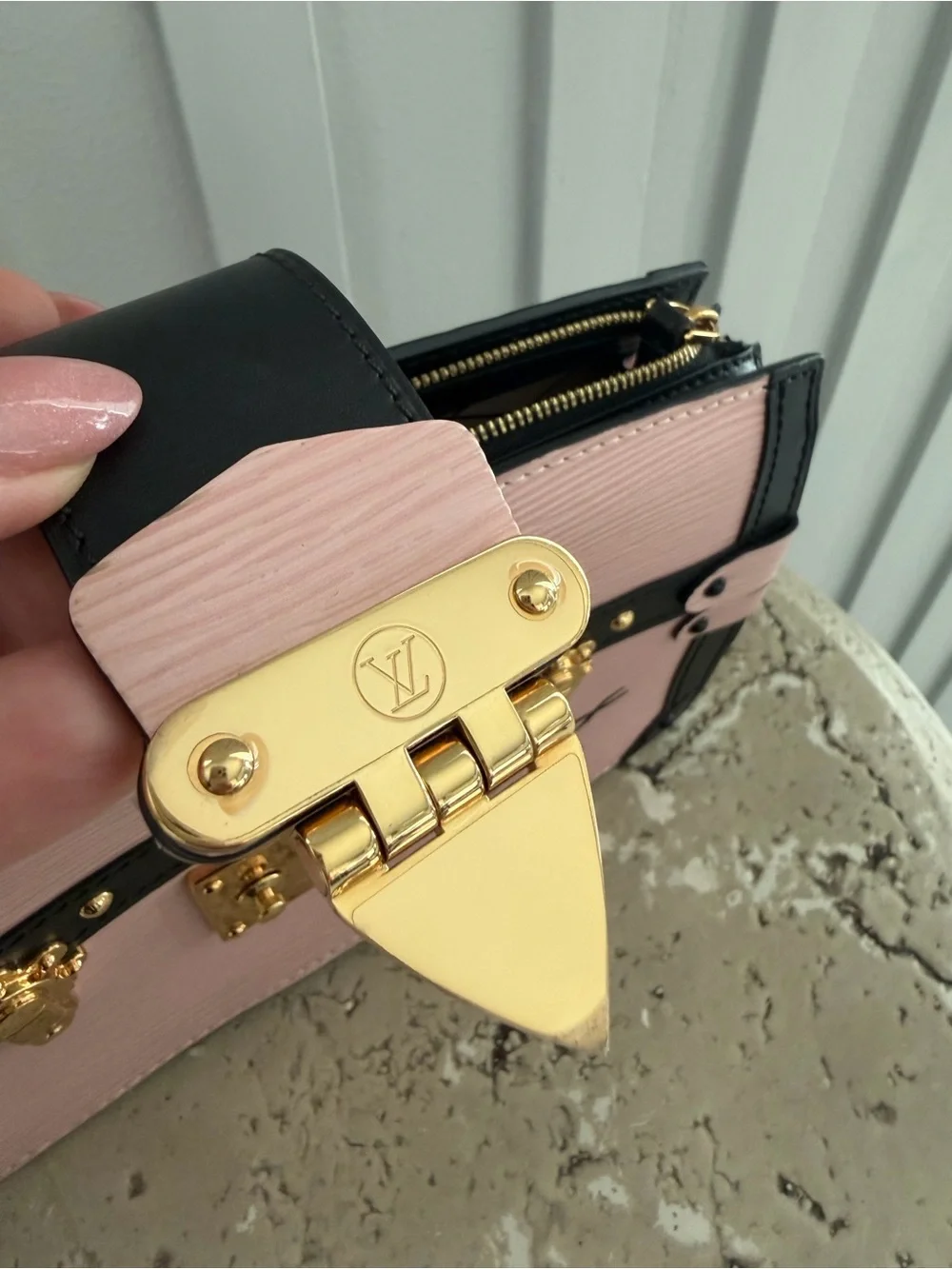 Authentic Louis Vuitton M53191 Petite Malle Clutch/Crossbody Black and Rose Pink